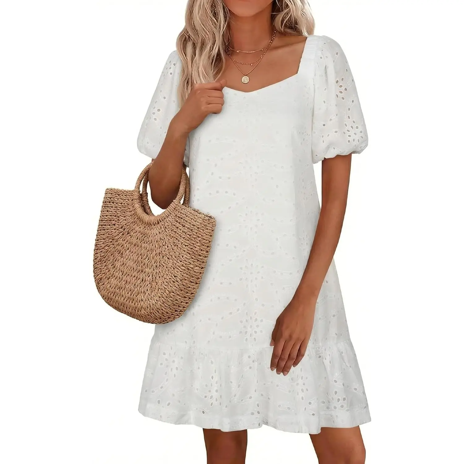 Womens Boho Summer Dresses V Neck Short Sleeve Casual Beach Vacation Dress Women Hem Floral Eyelet with Pocket