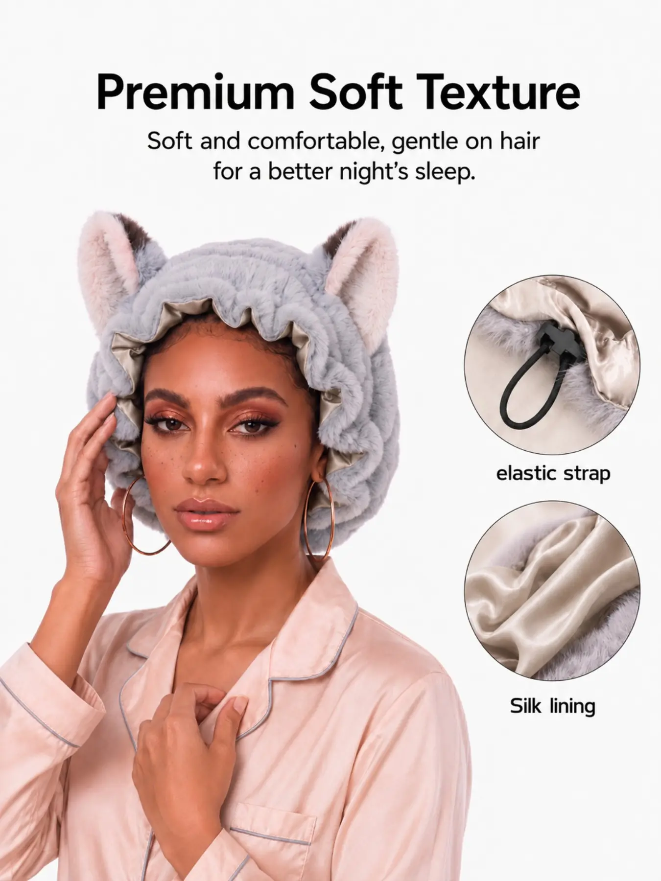 1pc Cute Cat Ear Satin-Lined Sleep Bonnet, Soft Plush Adjustable Night Cap for Women & Men, Anti-Frizz Hair Protection for Curly, Wavy, Straight & Long Hair, Cozy Sleep & Skincare Hair Cap