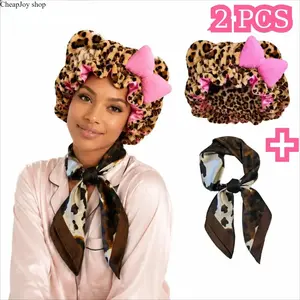 2026 2-Pack Leopard Print Satin Lined Sleep Bonnets For Women, Adjustable Plush Teddy Hair Caps With Matching Storage Pouch, Soft Curly Hair Protective Night Bonnet, Essential Hair Care Accessory For Sleeping, Home Relaxation & Daily Beauty Routines