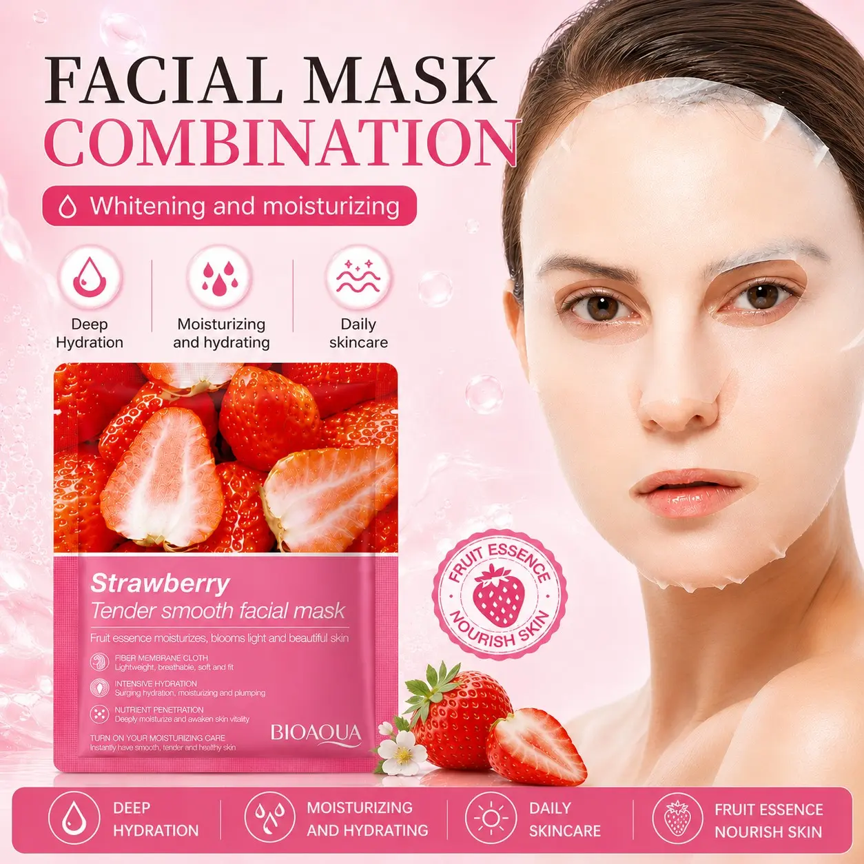 Bioaoua Strawberry Fruit Mask Sheets, Hydrating Facial Mask, 6pcs/25g, Hydrating and Moisturizing, Daily Care, Fall and Winter Skincare