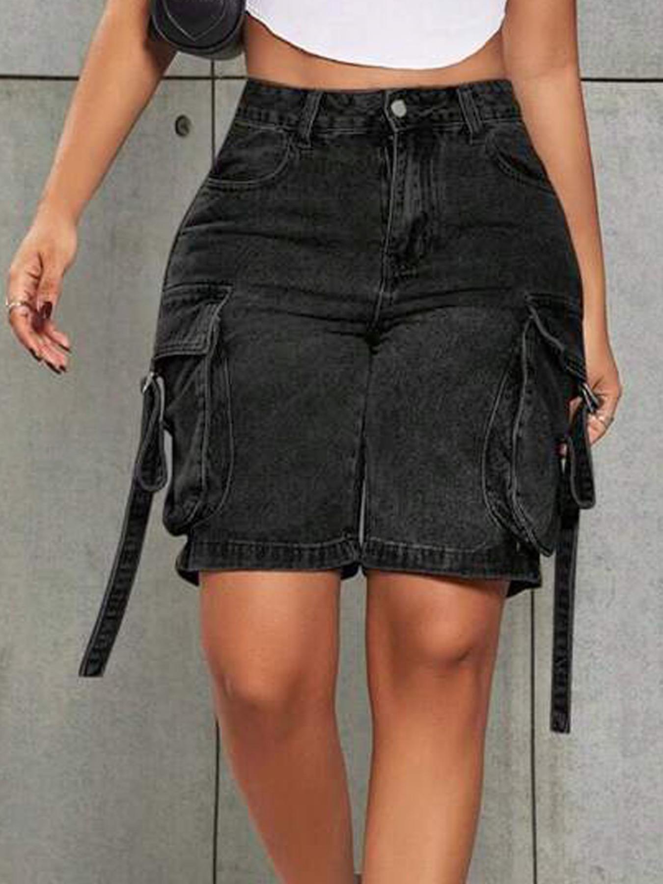Women's Washed Denim Cargo Pocket Shorts - Y2K Functional Street Style - Comfortable Stretchy Fitted Fabric with Tummy Control Women's Washed Denim Cargo Pocket Shorts - Y2K Functional Street Style - Comfortable Stretchy Fitted Fabric with Tummy Control