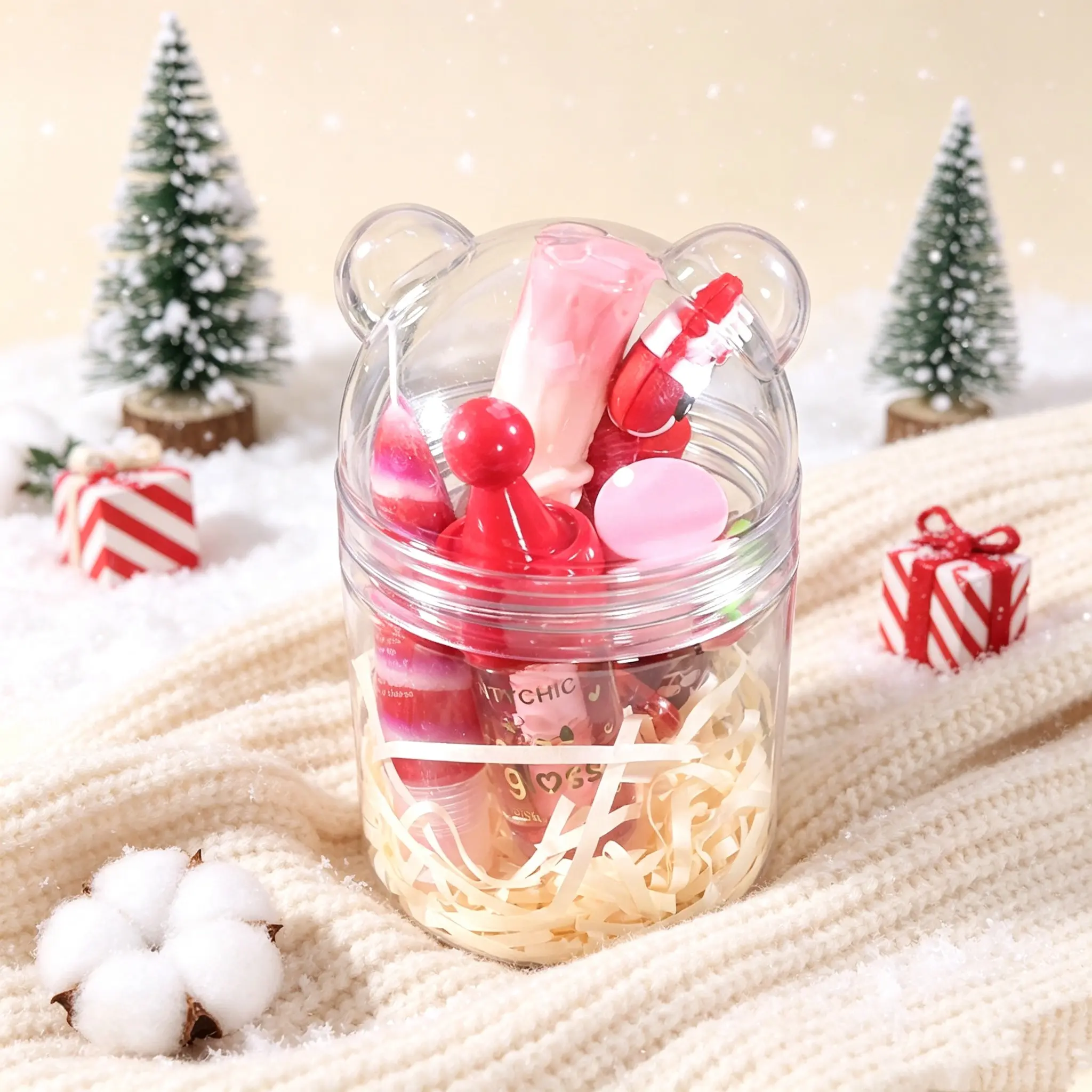Cute Cartoon Christmas Lip Gloss Gift Set, 5pcs Multi-Shape Lip Color Combo, Shimmering Mirror Finish, Moisturizing, Temperature Change, Bear Jar, Holiday Gift, Little Bear Bottle