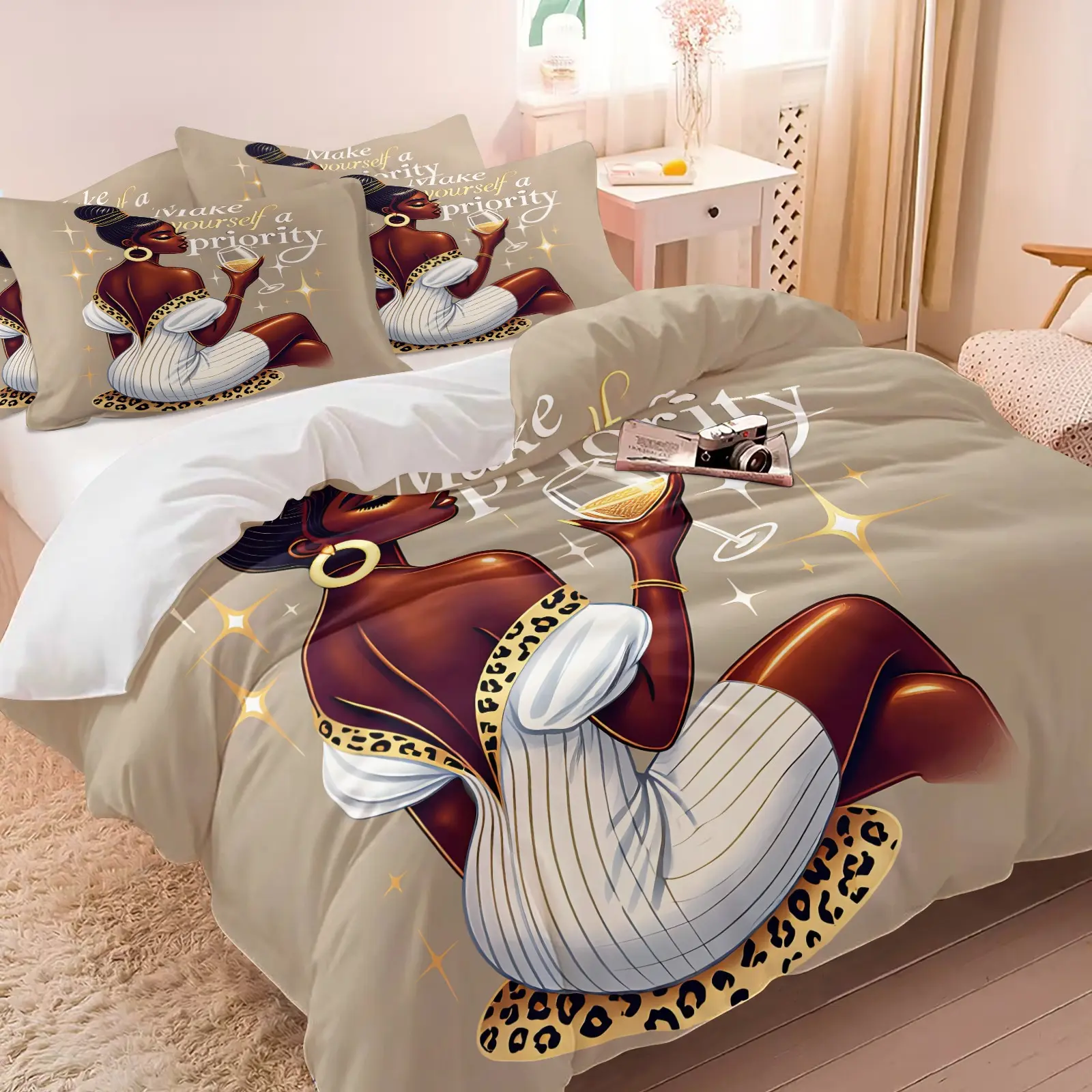 2/3Pcs Make Yourself A Priority Black Woman Duvet Cover Set Soft Microfiber Leopard Wine Inspirational Print Bedding Glam Self Love Bed Cover No Comforter For Feminine Bedroom All Season Decor