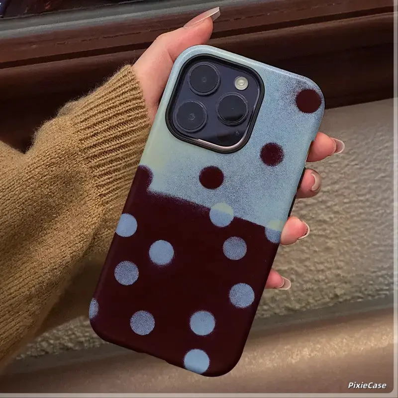 Dark Brown Two-Tone Polka Dot Pattern Phone Case , Shockproof Rugged Cover Dual Layer Soft TPU Bumper Hard Shell Design for iPhone 11 12 13 14 15 16 17 Pro Max Plus Air, Heavy-Duty Protection MagSafe Magnetic,waterproof,Vintage