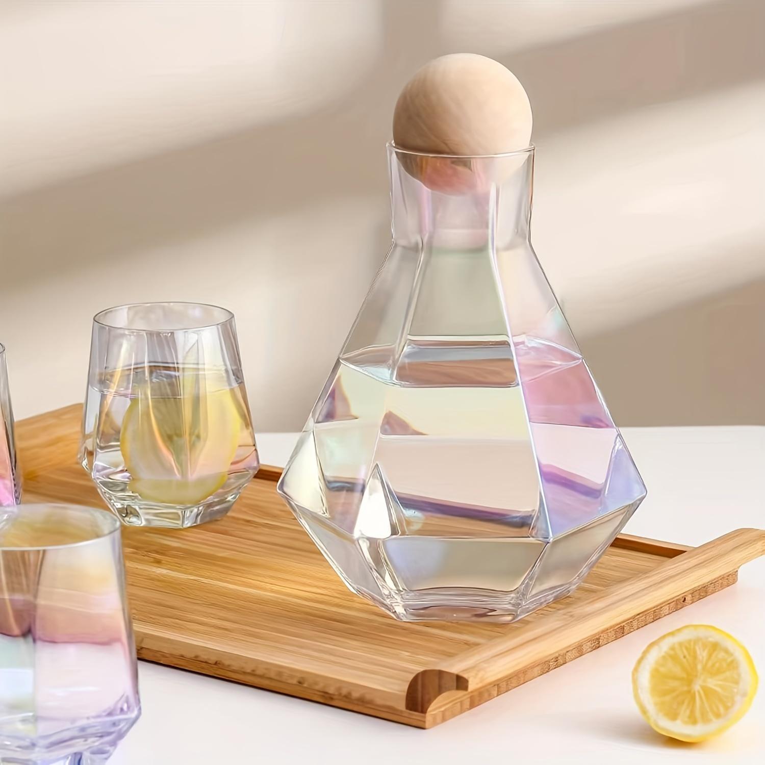 Diamond-Shaped Glass Pitcher and Tumbler Set with Wooden Lid Ball - 5 Piece Modern Water Carafe and Drinking Glasses Bundle for Whiskey, Scotch, Bourbon, Vodka - Elegant Beverage Serving Set