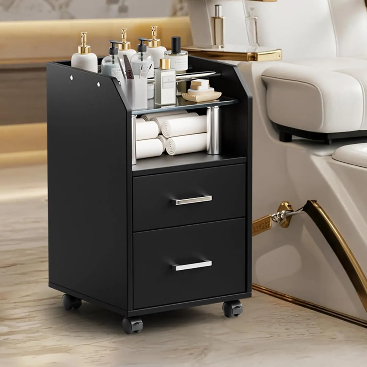 OmySalon Portable Pedicure Cart - Commercial Salon Furniture with Storage Drawer, Bottle Racks Ready, Quiet Floor Glide, Locking Wheels, Spa & Beauty Salon Equipment for Estheticians, Foot Bath Trolley, Spa Salon Equipment