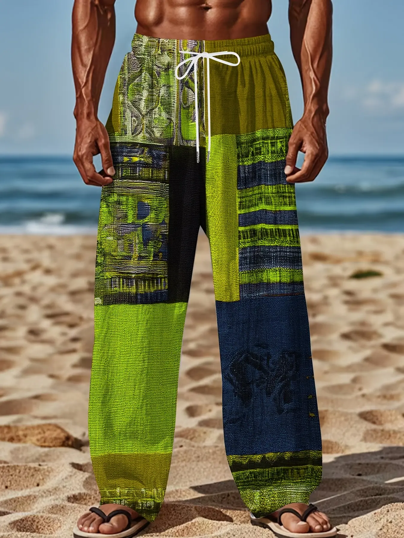 Men's Summer Bohemian Ethnic Patchwork Print Cuffed Pants, Colorblock Loose Beach Vacation Harem Casual Long Pants