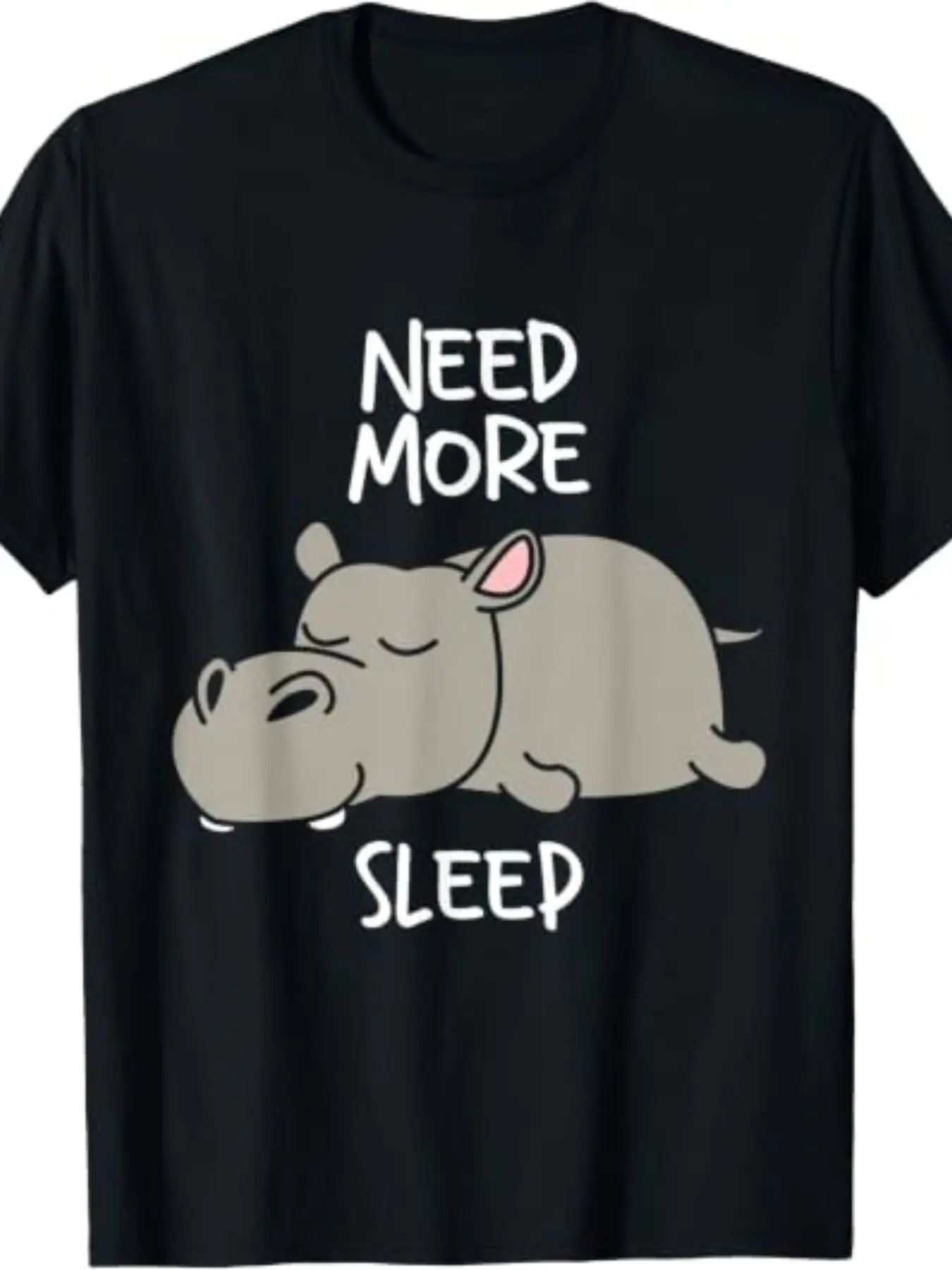 Round Neck Short Sleeve T-Shirt, Cartoon Sleepy Hippo Print, Fun English Text, Breathable, Unisex Casual Daily Wear