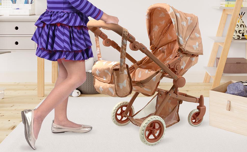 Convertible Combo Baby Doll Stroller for 3 Year Old Girls & Up |   Play Toy Baby Stroller for Dolls, Folding Adjustable Bassinet Carriage Buggy with Storage Basket (Beige Butterfly)