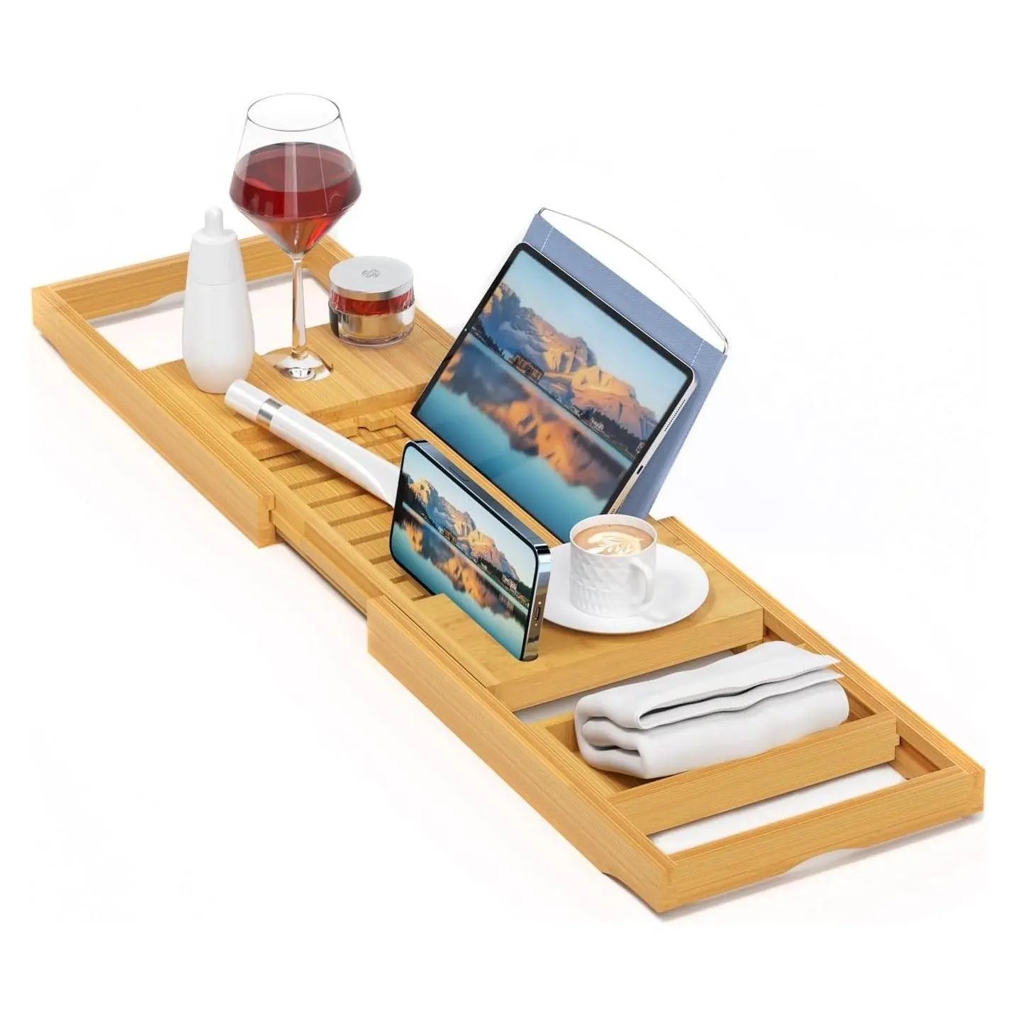 Luxury Expandable Bamboo Bathtub Caddy Tray with Book, Tablet & Wine Holder - Perfect Gift IdeaGift