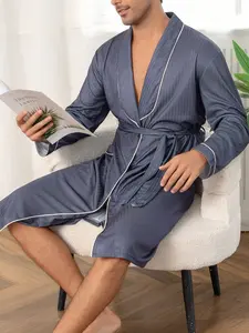 Men's Long Sleeve Vertical Pattern Sleepwear Loungewear, Light Luxury Fruit Neckline, Contrast Trim, Tie Waist, Dual Pockets, Home Morning Bath Robe