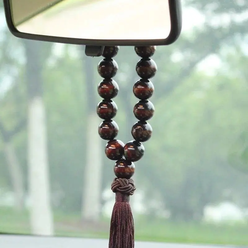 Chinese Style Pine Wood Buddha Beads Car Rearview Mirror Hanging Pendant - 35cm/13.78in Lucky Charm Evil Warding Automotive Interior Decor, Fine Workmanship Ornament, Friends, Natural