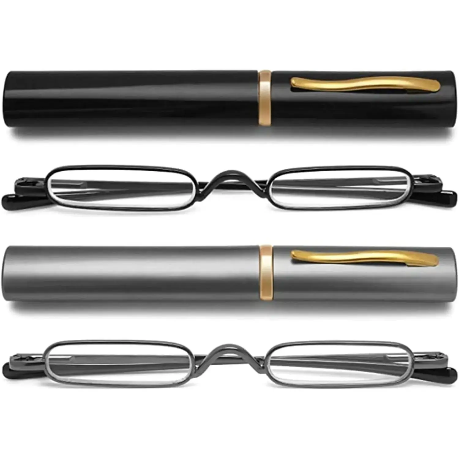 2 Pairs Mini Reading Glasses Compact Spring Hinged Slim Pocket Readers with Pen Clip for Easy Carry +1.5, 2 Pack(black/Grey)