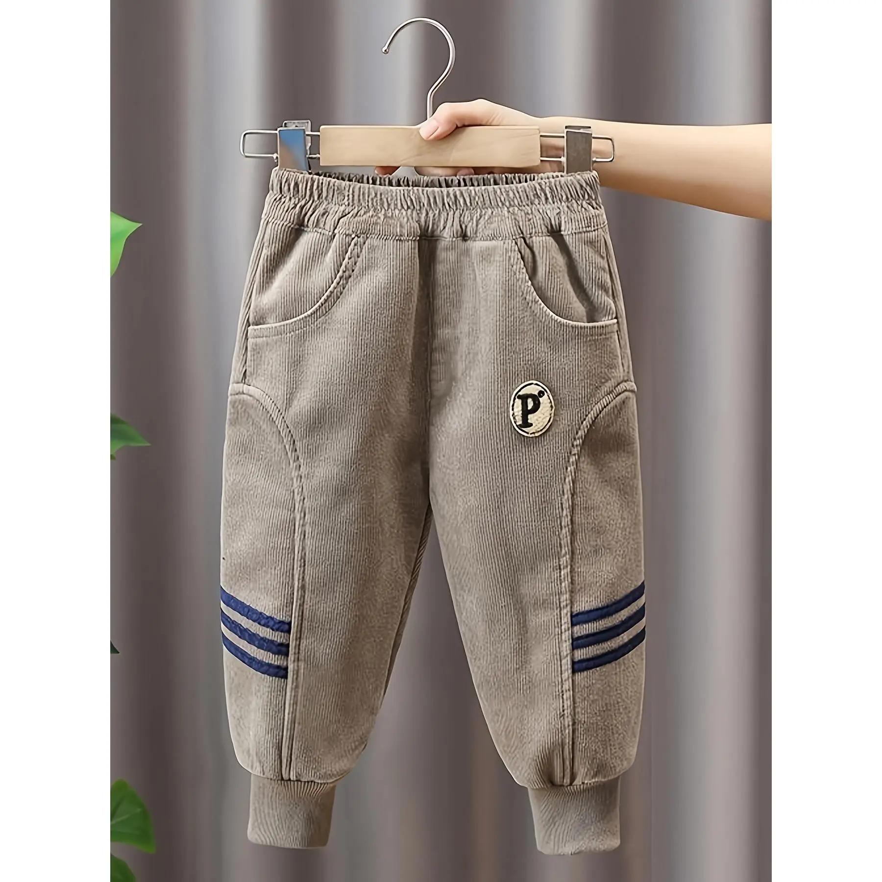 Kids Corduroy Jogger Pants, Elastic Waist Toddler Trousers With Letter P Patch And Three Stripe Decor, Soft Breathable Casual Bottoms, Suitable For Boys Girls All Season Daily Wear, Outdoor Activities And Kindergarten Outfits