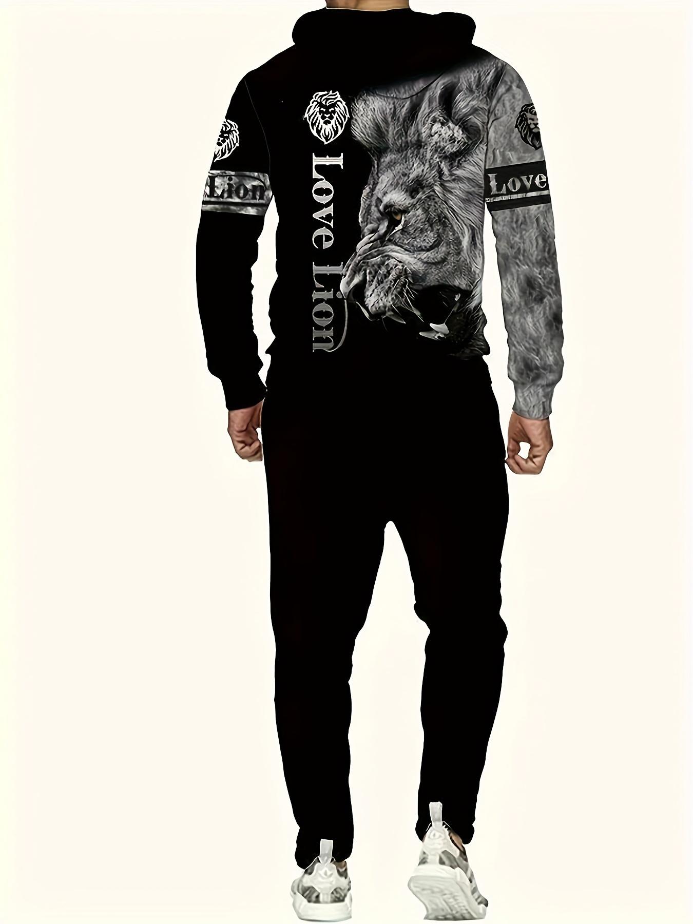 2-piece men's casual lion print hoodie and sweatpants set -3D digital animal pattern knitted sweatshirt hoodie+pants set