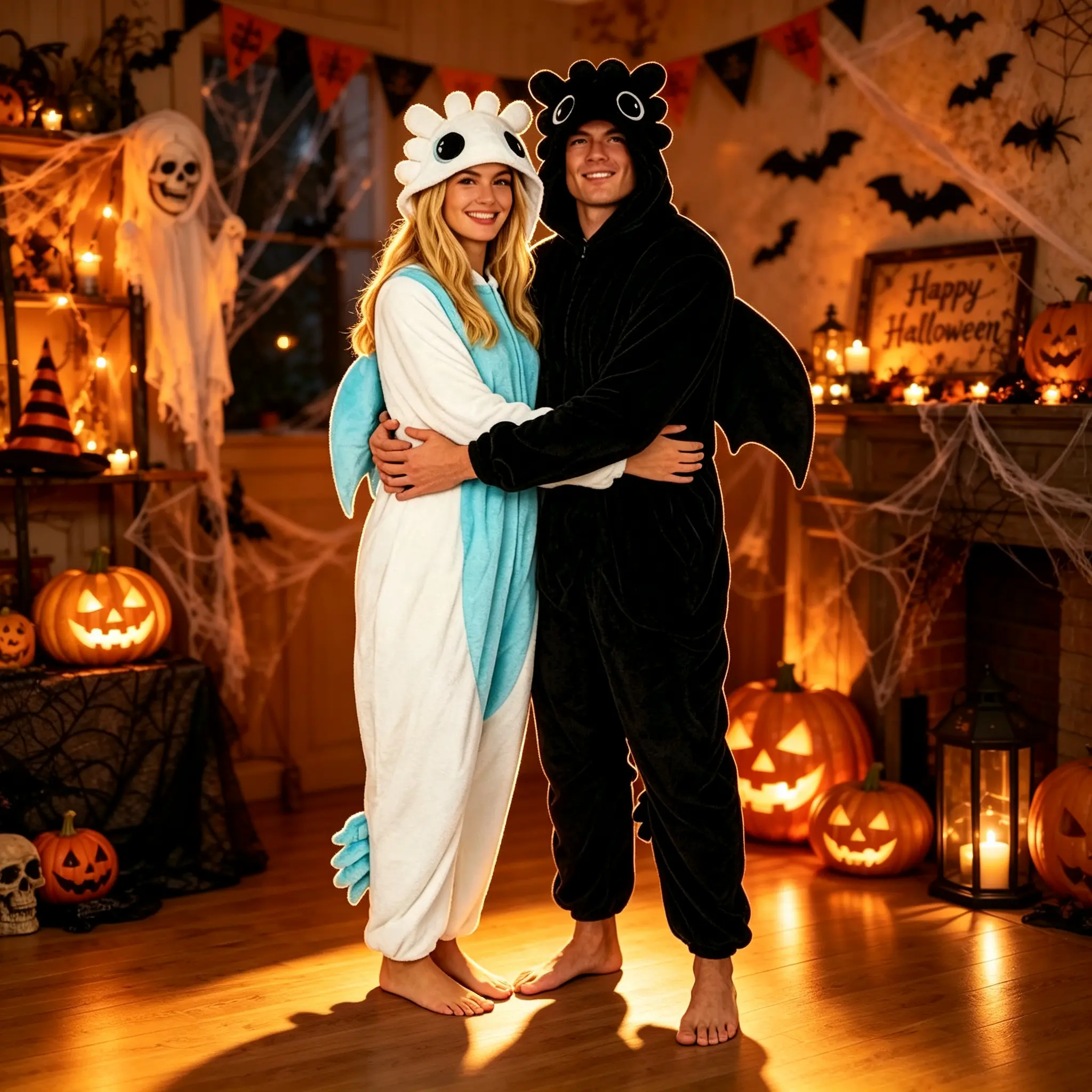 Black White Dragon Matching Onesies for Couples - Plush Kigurumi Pajama Set