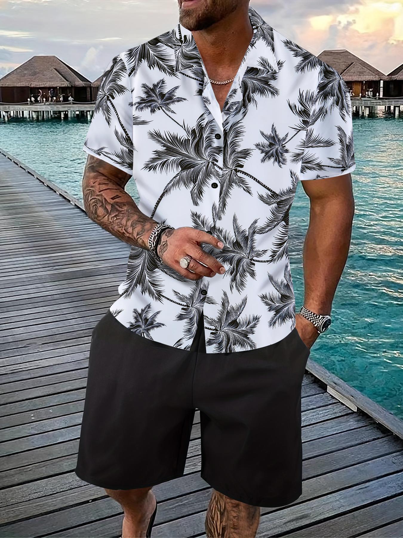 Two-Piece Set Men's Various Pattern Print Short Sleeve Pajama, Regular Fit Casual Comfy Button Front Collared Top & Drawstring Waist Pocket Design Shorts PJ Set, Men's Summer Sleepwear, Casual Pajamas Outfit