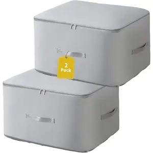 Large Self-Compression Cube for Comforters & Clothes (2-Pack, 11x6.3x1.2in) | nylon,grey,thin compress,1-hand fold,holds 2 comforters,reinforced seam,smooth zip,dust/ proof,side handle,wipe-clean
