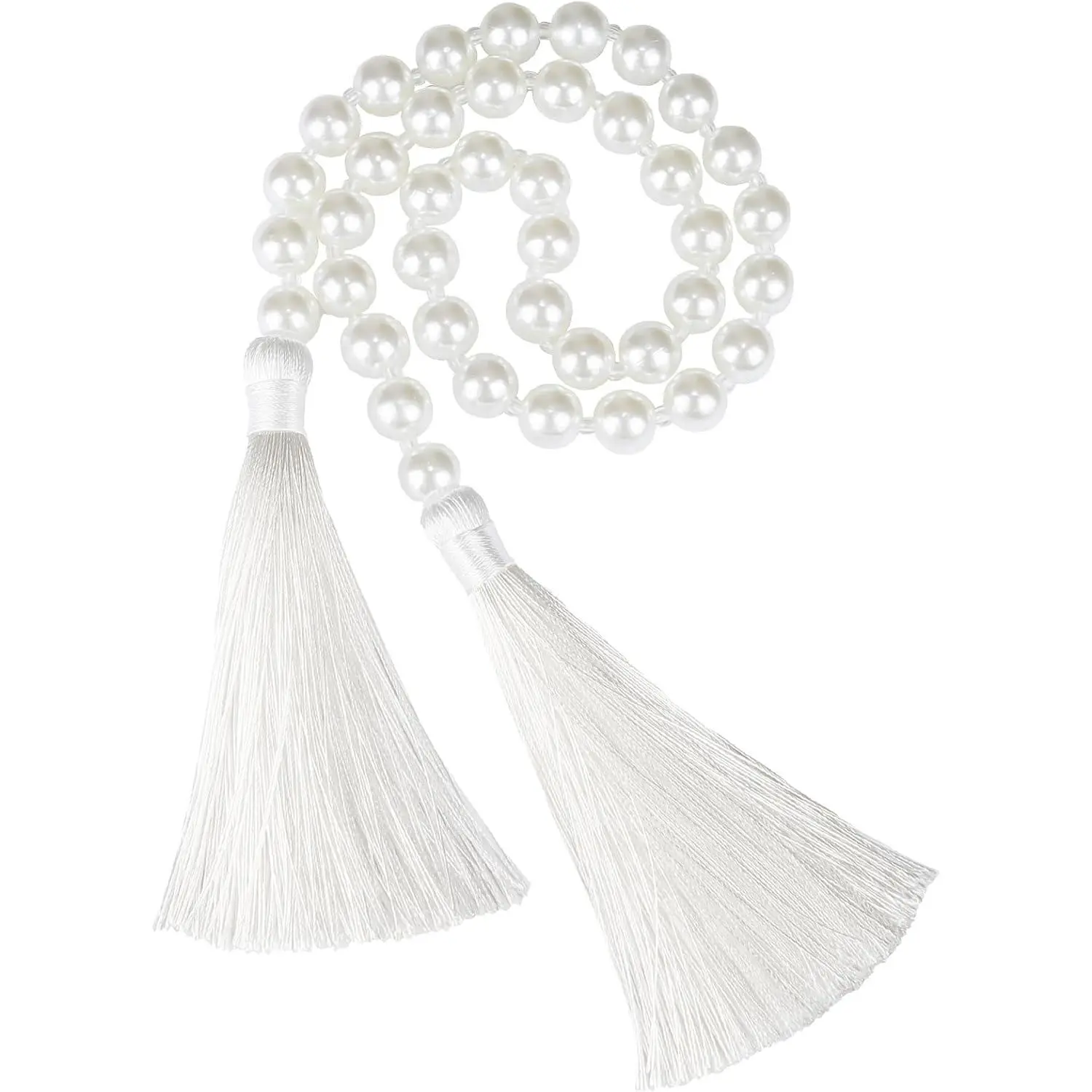 34 Inch  Glass Bead Garland with Tassels -White, 1 Pack | Elegant Boho Table Decor, Fringe Wall  for Wedding, Party,  Rustic Prayer Bead  Decoration