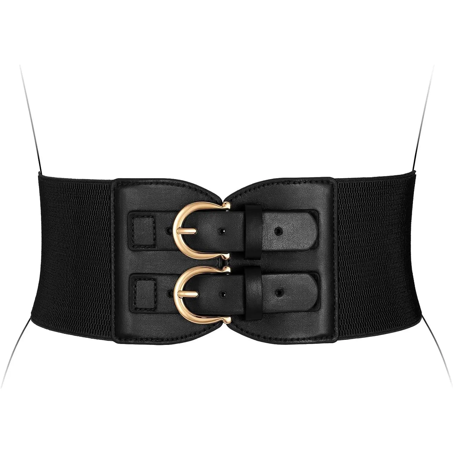 Wide Elastic Leather Belts for Women Dress Stretchy  Ladies Belts with Double  Buckle