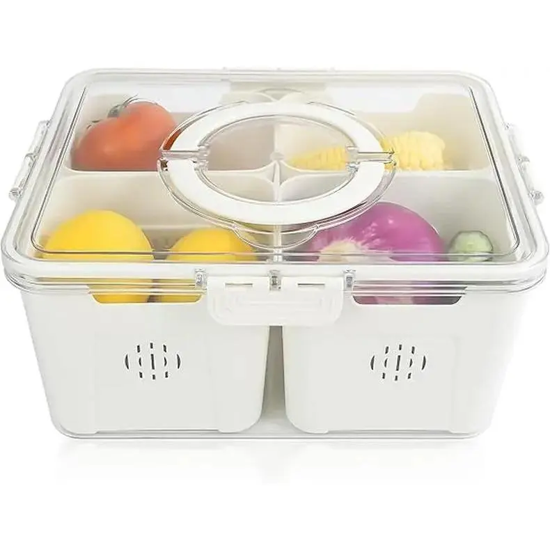 Divided Serving Tray with Lid and Handle, 4 Compartment Snackle Box Container, Travel Charcuterie Board with Lid for Kids and Adults, Snack Box Container - Fruit, Vegetable, Candy, Snack Tray with Lid