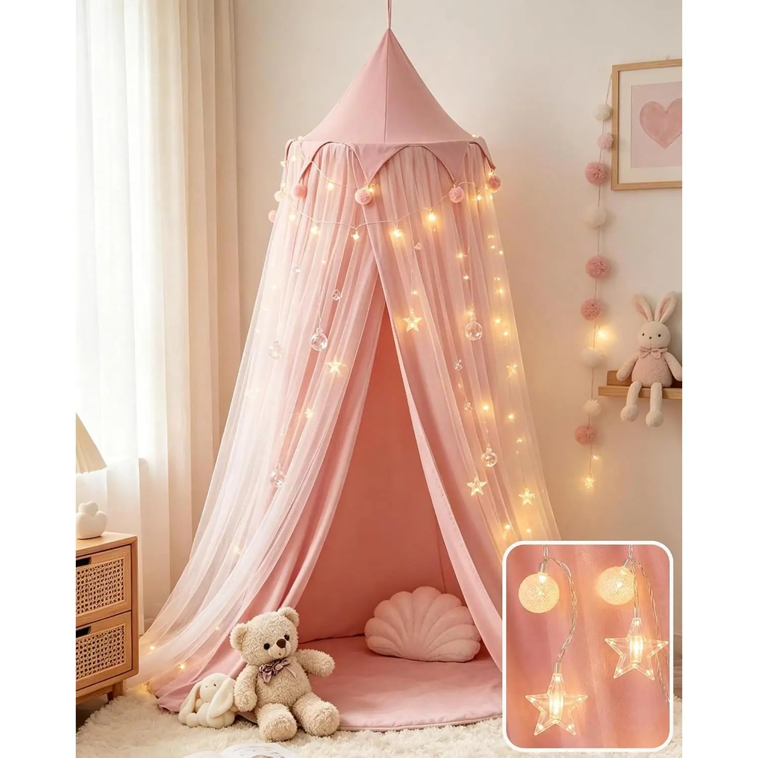 Girls' Princess Bed Canopy with Star Lights, Breathable Mesh Double-Layer Design, Indoor Furniture for Room Decor or Reading Nooks (Pink or White Options)