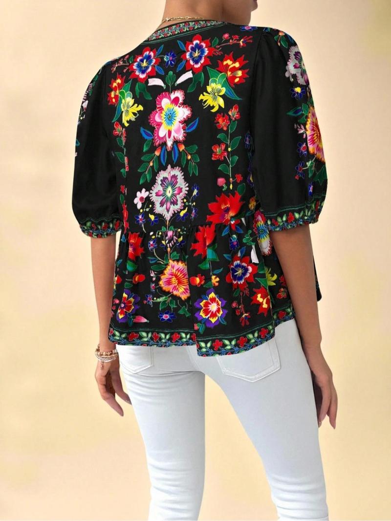 Women's Floral Print Tie Front Blouse, Boho Casual Fashionable Top for Daily Holiday Vacation Wear, Women Clothing for Summer, Lady, Womenswear, Casual Shirts