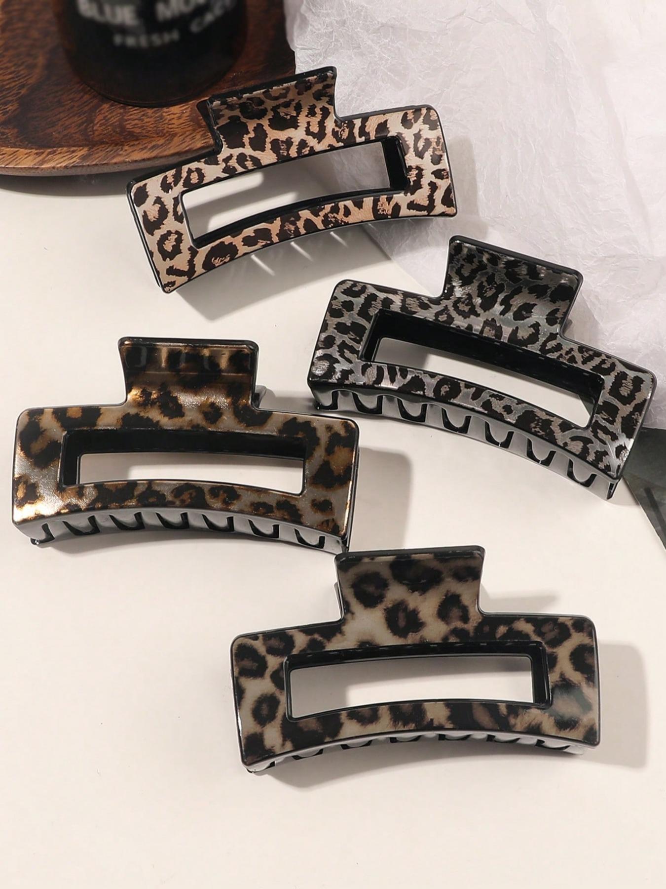 4pcs/Set Medium Leopard Print Square Hair Claws, Plastic Square Hair Clips, Damage-Free Hair Accessory, Suitable For Daily Wear, Parties, Gifts, Flat Claw Clips, Claw Clips, Hair Jaw Clip