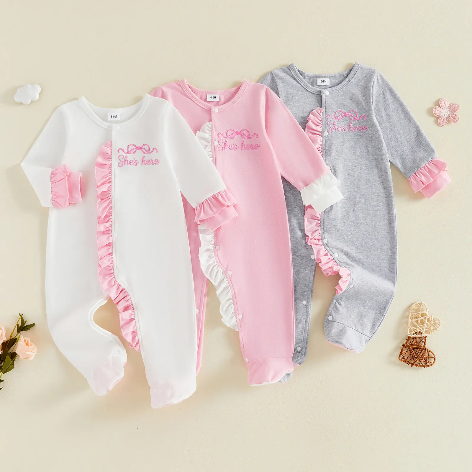 Newborn Baby Girls Footed Romper Long Sleeve Crew Neck Fall Ruffle Jumpsuit 0-9 Months