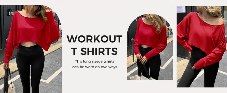Womens Off The Shoulder Cropped Tops Batwing Long Sleeve Loose Fit Summer Boat Neck Workout T Shirts