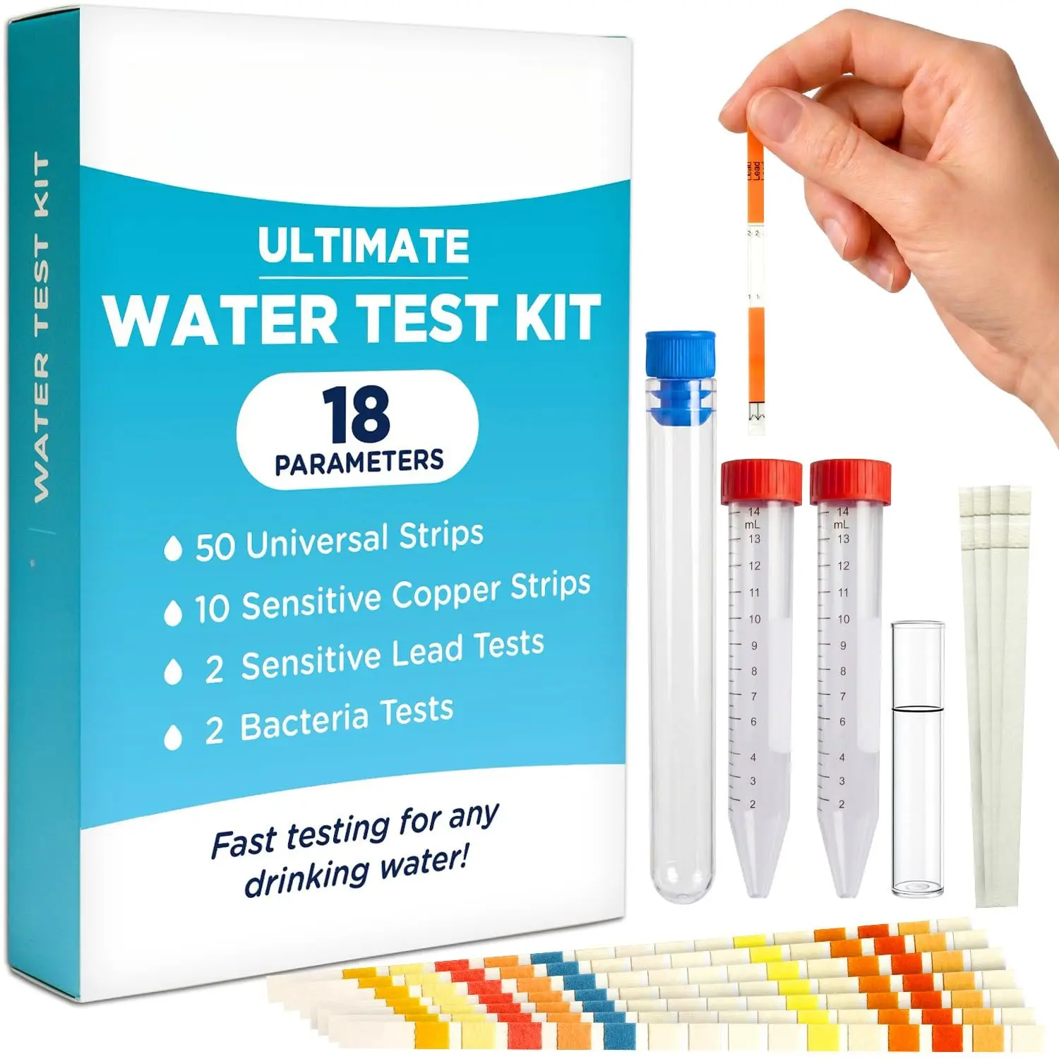 18-in-1 Drinking Water Test Kit with  Lead & Copper Tests | for Well, Tap,  & City Water, Chlorine, Hardness, Iron & Metal Testing