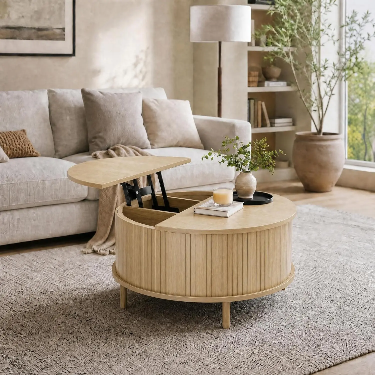 Lift Top Coffee Table with Storage, Round Coffee Tables for Living Room, Fluted  Coffee Table, Wood Center Table for Living Room summerwins