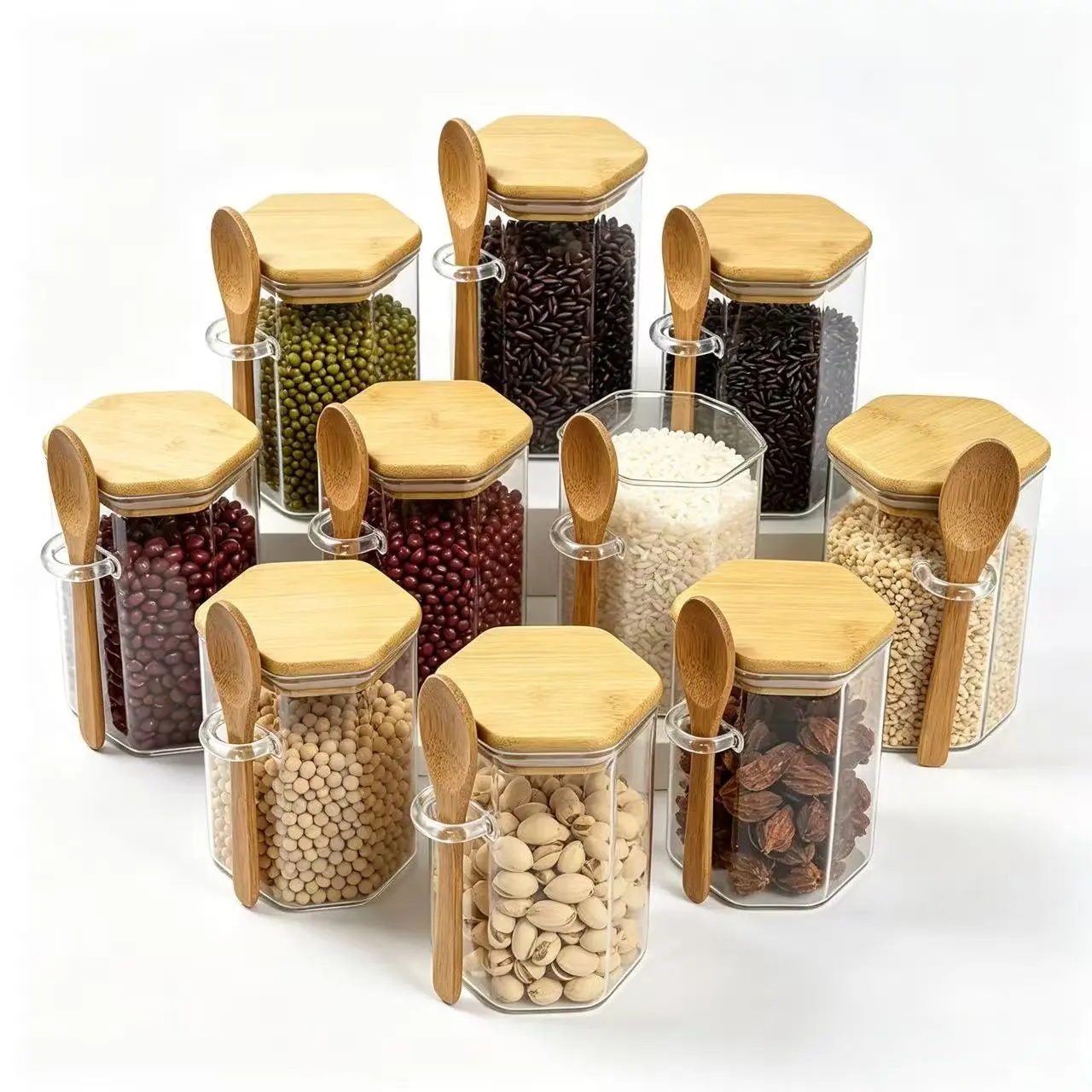 Hexagonal Glass Spice Jars, Seasoning Containers, Airtight Food Storage Canisters, Bamboo Lid & Wooden Spoon, Clear Hex Glass Kitchen Containers, Pantry Organizer, Spice Jar Set