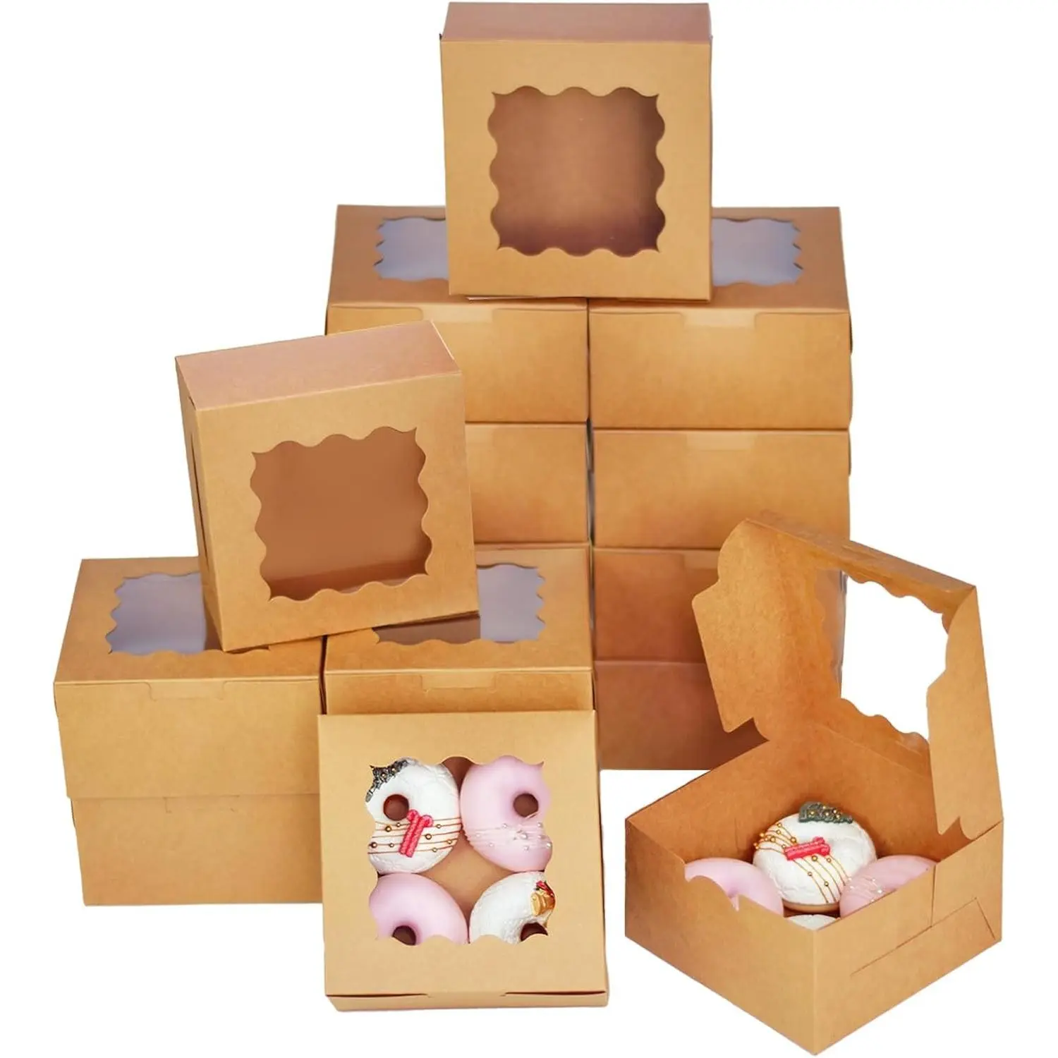 Brown 30-Packs Bakery Boxes with Window 6x6x3 inches Thick & Sturdy Macaroon Pastry Boxes Cookie Boxes for Bakerys