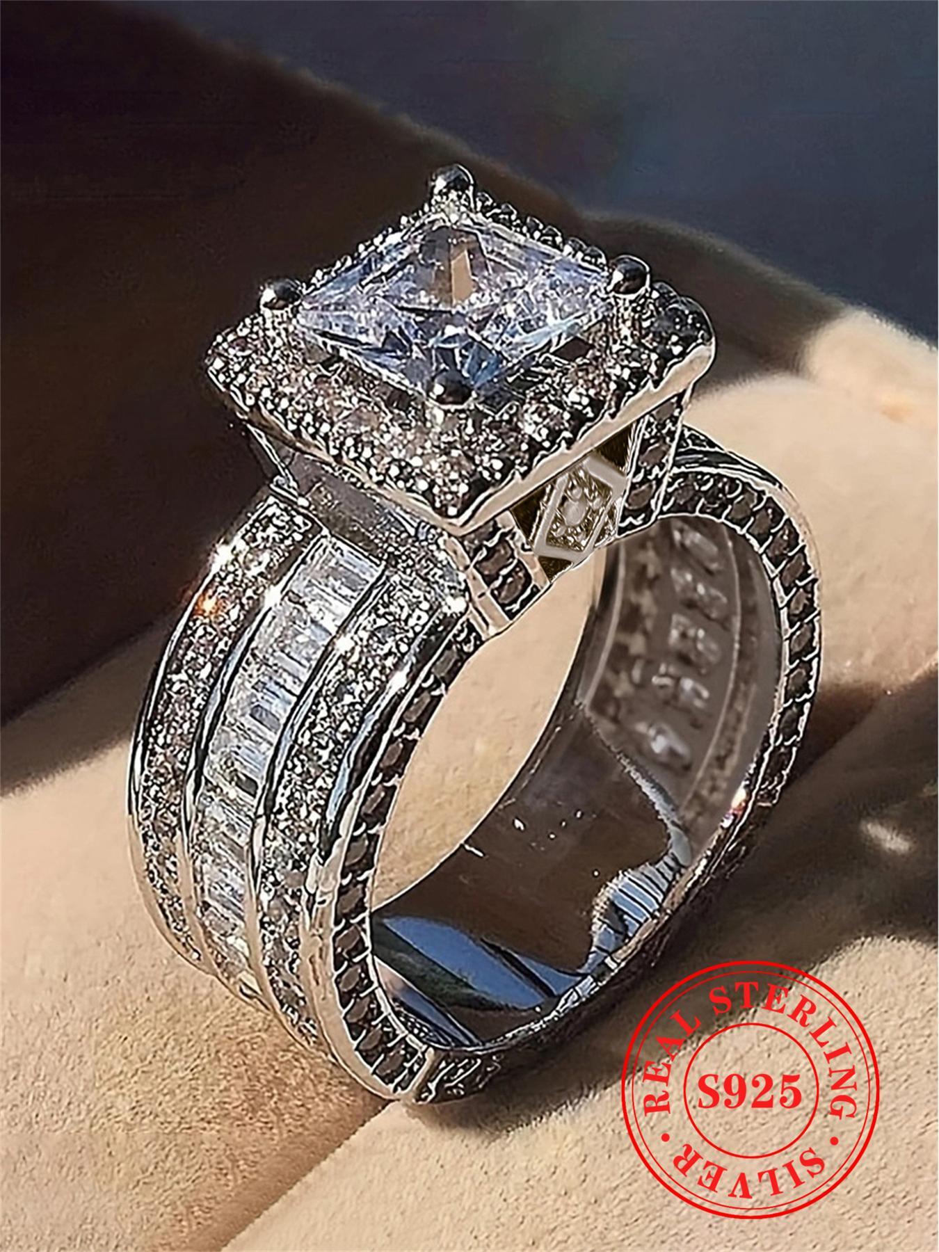 925 Sterling Silver Luxury Gorgeous Artificial Crystal Decor Ring, Fashionable Wedding Engagement Ring, Wedding Anniversary Ring Jewelry Gift for Women, Fashion Accessories for Party, Daily Decor