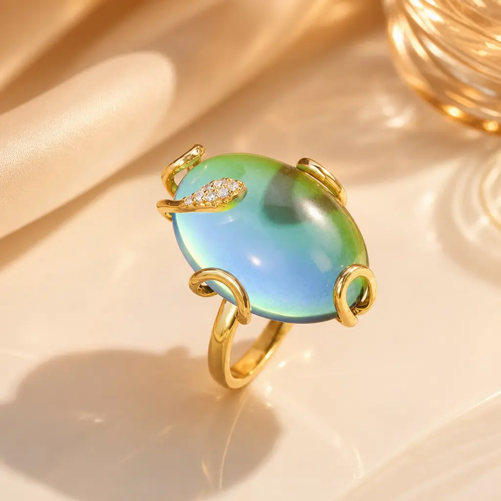 Color Changing Mood Ring Adjustable Open Band 14K Gold Plated Copper Base with Zircon Accent Temperature Responsive Oval Glass Stone Ring for Women Retro Nostalgic Jewelry Gift for Teens and Adults
