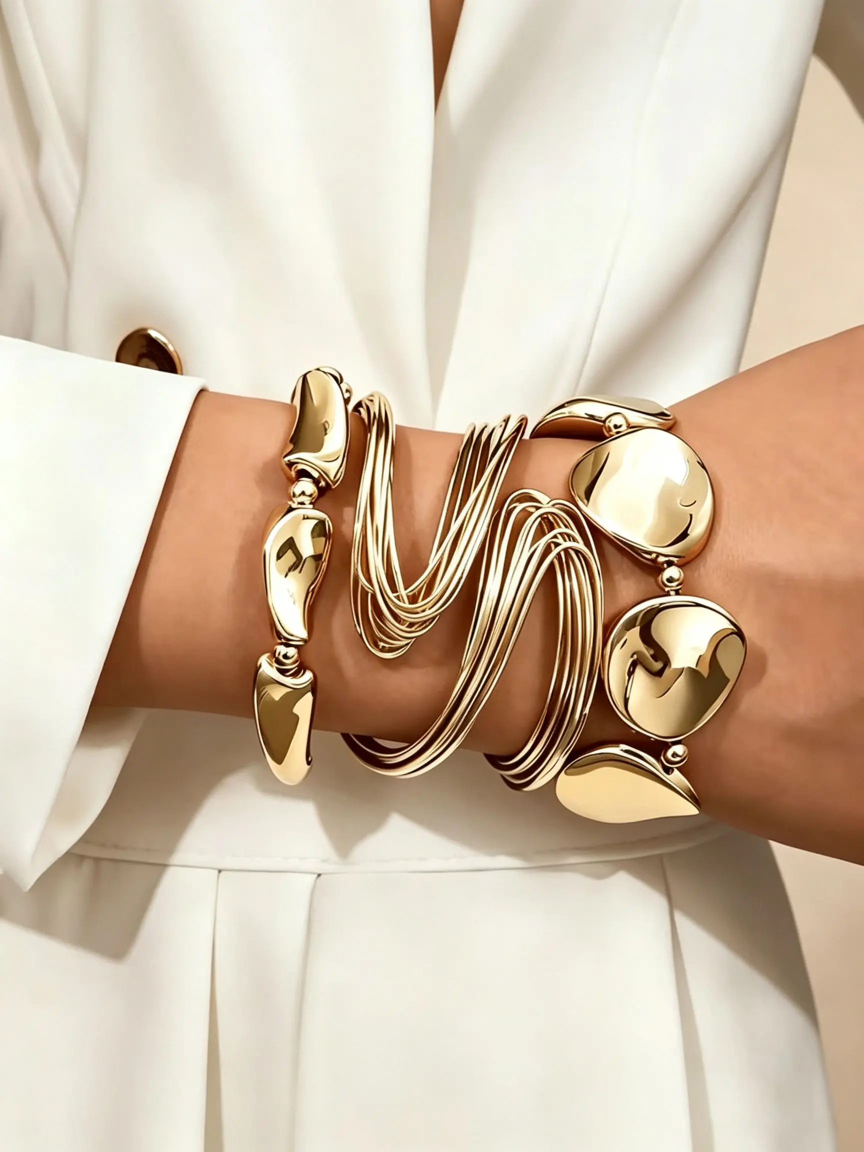3-Piece Fashion Asymmetrical Bracelet and Bangle Set, Women's Jewelry, Elegant Bangle Bracelet, for Daily Wear, Parties, Gifts, Includes Plastic Bangles