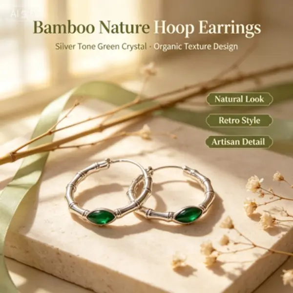 Women's Silver Bamboo Hoop Earrings - C-Shaped Open Huggie Hoops with Marquise Cut Emerald Green Cubic Zirconia, Hypoallergenic Statement Earrings for Daily Wear, Party Use