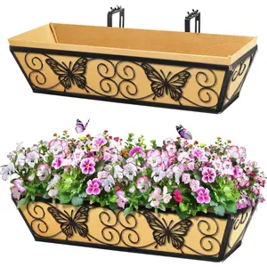 2 Pack 24 Inch Window Boxes Planters Railing Planter Box with Adjustable Brackets for Porch Fence Patio Balcony Hanging Flower Baskets with Woven Fabric for Outdoor Garden Decor - Black