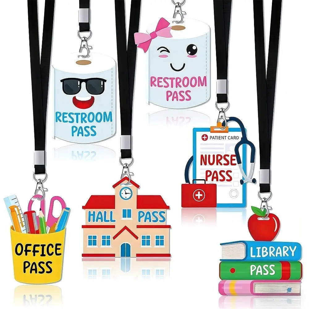 6 Sets of Hall Passes with Hanging Ropes, Acrylic School Passes, Colorful Cartoon Style, Ideal for Classrooms, Libraries, Offices, Restroom, Nurse Station