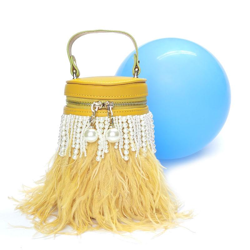 2026 Fashionable Light Luxury Pearl Tassel Feather Bag Round Barrel Single Shoulder Handbag Crossbody Bag