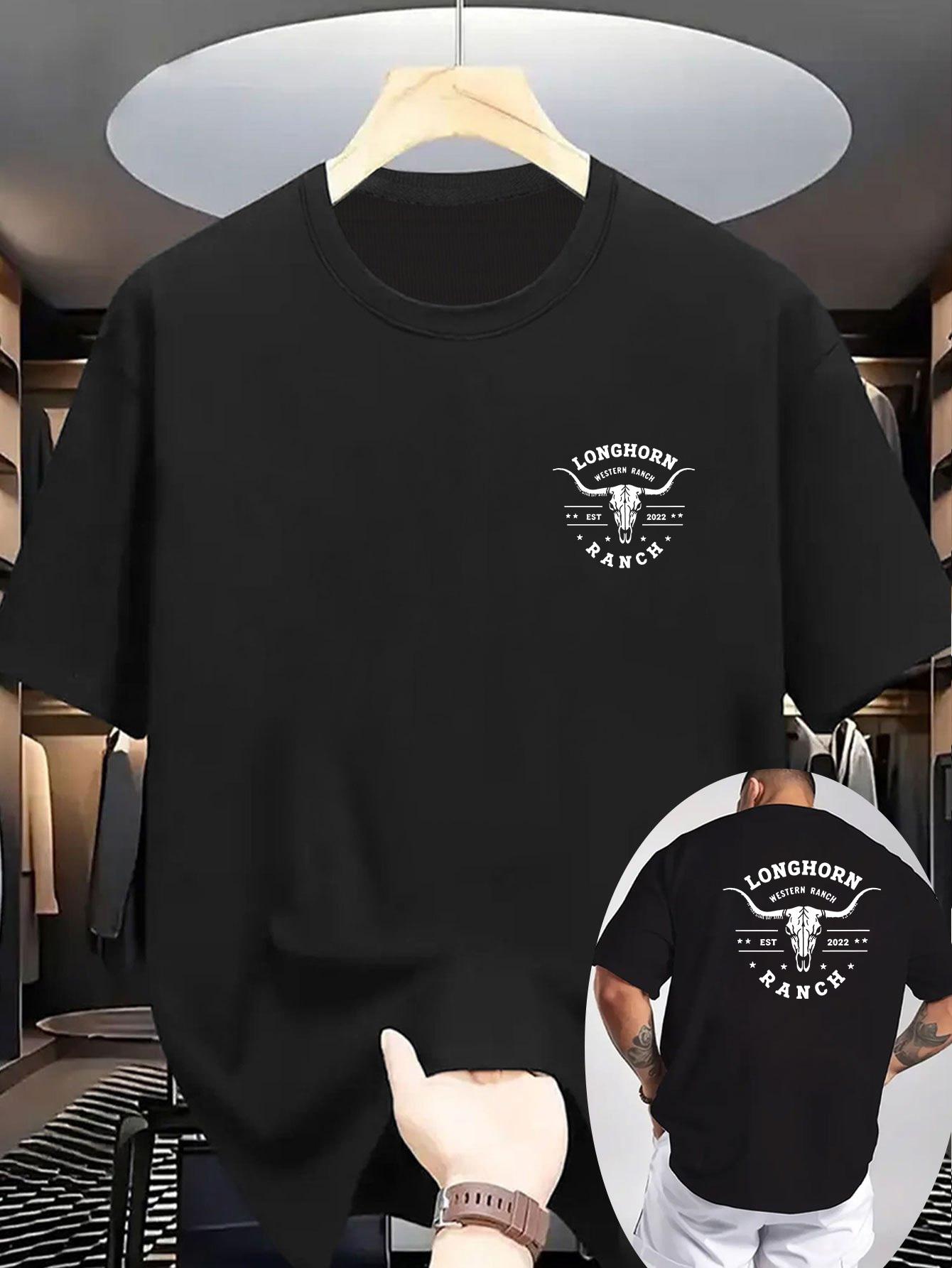 [PeakPro T-shirt]-Men's Western Cowboy Graphic T-Shirt - Longhorn & Bull Skull Print with Texas Ranch Design, Breathable Knit Fabric, Double-Sided Short Sleeve Shirt for Summer Outdoor Activities, Casual Round Neck Tee for Ranch & Wester