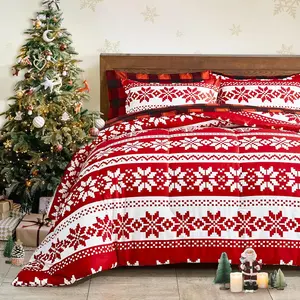 Christmas Bed in a Bag 7 Pieces Red Snowflake Queen Size Comforter Set Style - Soft Microfiber Reversible Bed Duvet Set (1 Comforter 2 Pillow Shams 1 Flat Sheet 1 Fitted Sheet 2 Pillowcases)