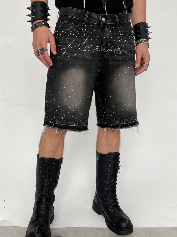 Men's shiny rhinestone-embellished denim shorts, black-gray washed denim five-point shorts, decorated with full silver rhinestones, straight-leg frayed design balances personality and versatility, Y2K street fashion shorts