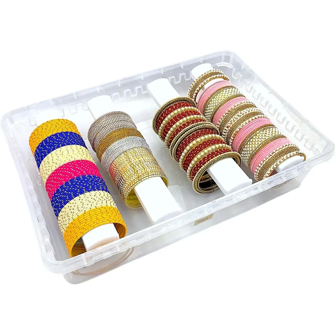 Multipurpose Plastic Storage Box with 4 Adjustable Rods Storing Box For Bangles, Chuda, Kada, Watches, Scrunchies (Transparent_Big_4-Rod)