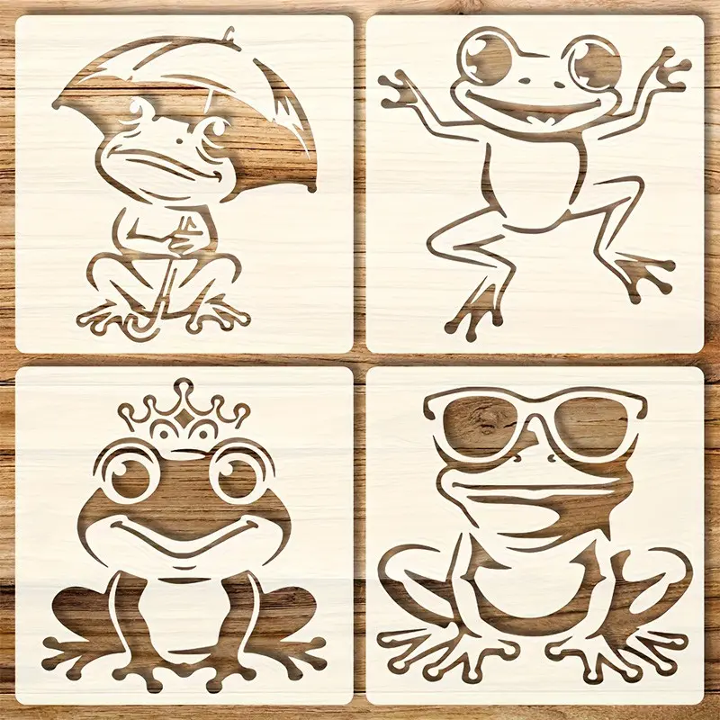 🐸 4PCS Cute Frog Stencil Set 😎 Cool Animal Template for Custom T-Shirt & Tote Bag | Reusable Funny DIY Painting Kit 👕
