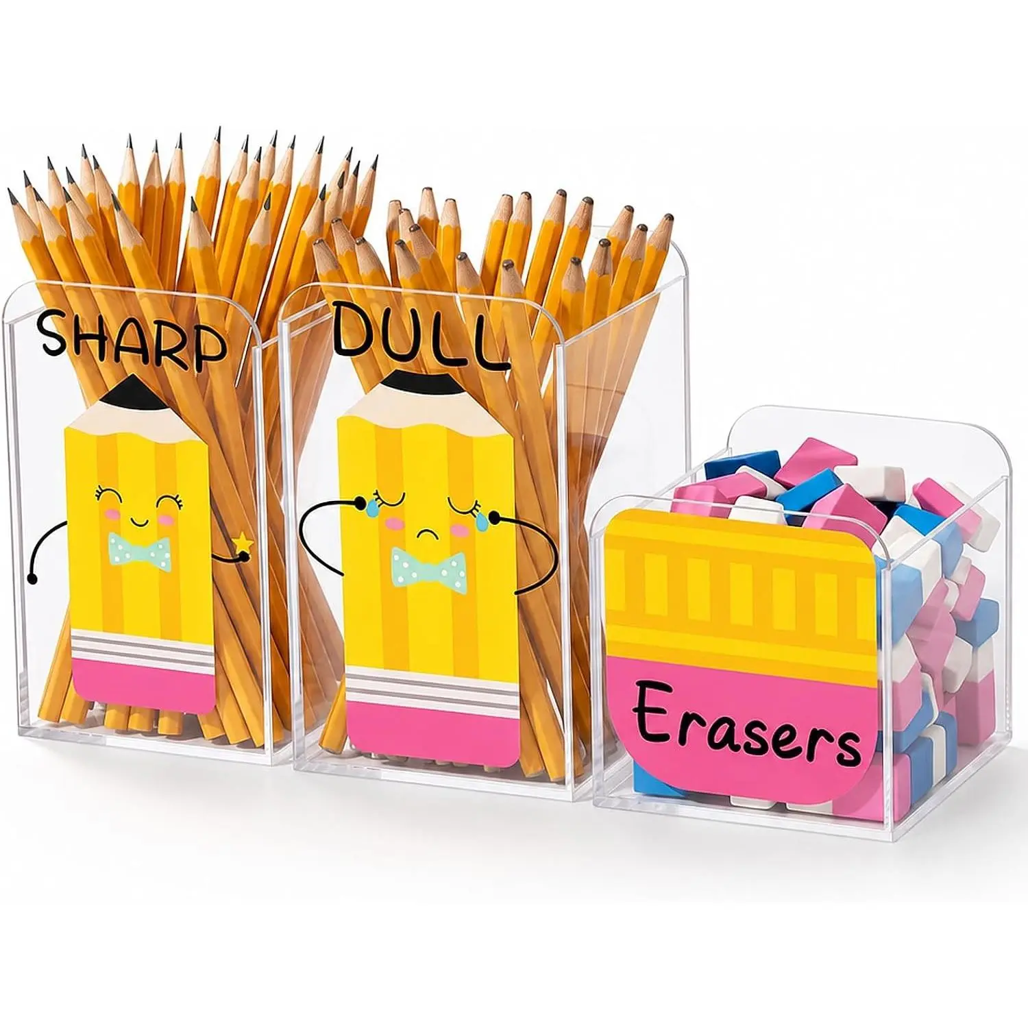 3pcs Acrylic Sharp and Dull Pencil Holder for Classroom, No Assembly Needed | Clear Pencil Dispenser with Eraser Bucket for Elementary School, Teacher Desk Must Haves, Back to School Supplies