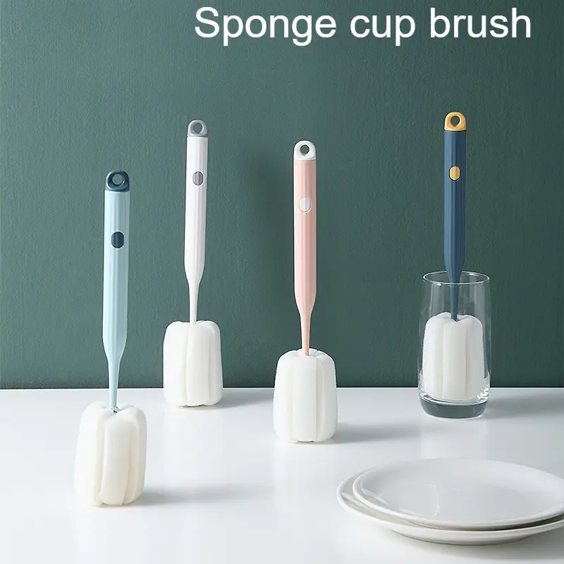 Long Handle Sponge Bottle Brush, Soft Cup Cleaning Brush for Glasses, Mugs and Bottles, Deep-Reach Dishwashing Scrubber with Hanging Handle for Kitchen Sink Cleaning