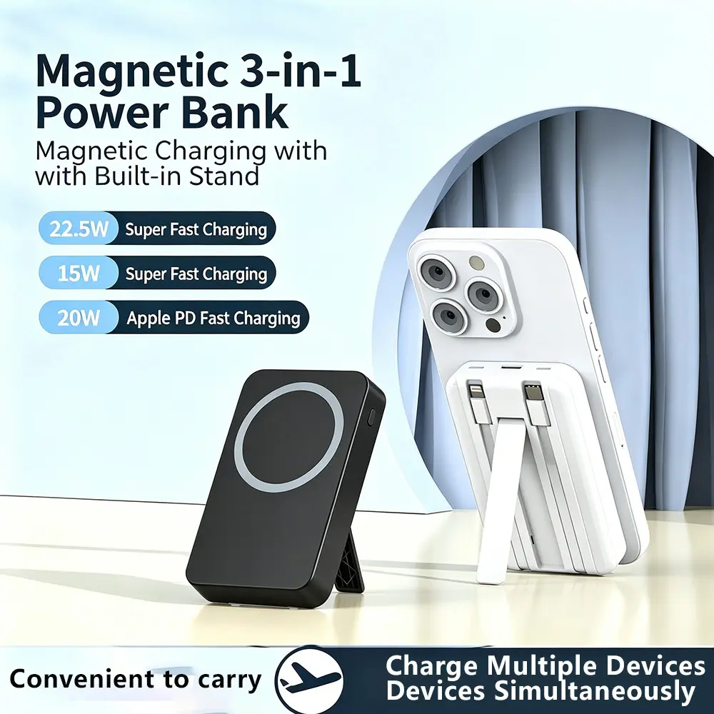 10000mah Fast Charge Travel Power Bank, 22.5w Magnetic Charging, 15w Wireless Quick Charge, Includes 2 Cables, Stand Port, Compatible with iPhone Series