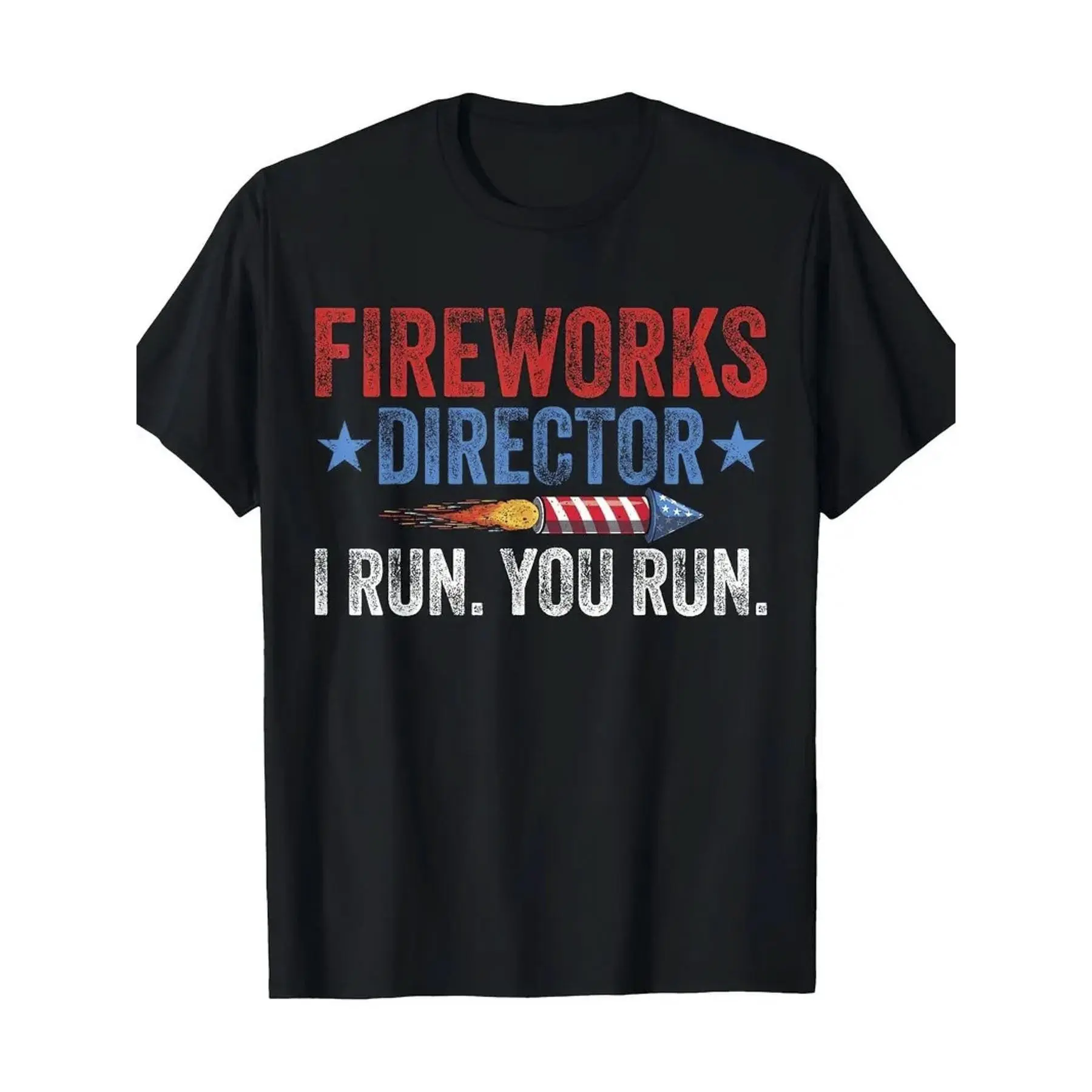 Men'S Patriotic Fireworks Director Graphic T-Shirt, I Run Design with American Flag And Fireworks, Crew Neck Short Sleeve Regular Fit Medium Stretch, Geometric Pattern Mature Style Men'S Casual T-Shirt, Comfortable And Suitable for Everyday Wear